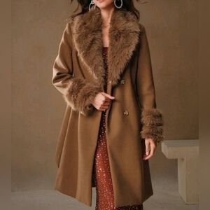 NEW Glam Faux Fur Borg Collar Double Breasted Tie Waist Jacket Coat Camel Tan
